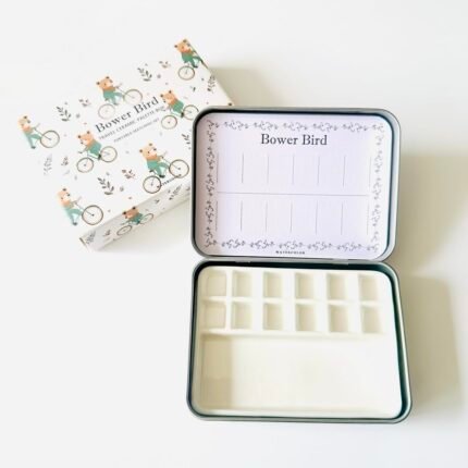 Bower Bird Travel Ceramic Watercolor Palette with Porcelain Mixing Tray & Metal Tin Box - Portable Art Kit for Gouache, Studio & Outdoor Painting (12Well)