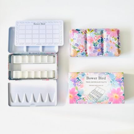 Bower Bird Empty Watercolor Palette, Metal Tin Palette for Artist Watercolors,Unique Pattern Metal Watercolor Paint Tin for Watercolors Oils and Gouache (12 Half Pans-Pink)
